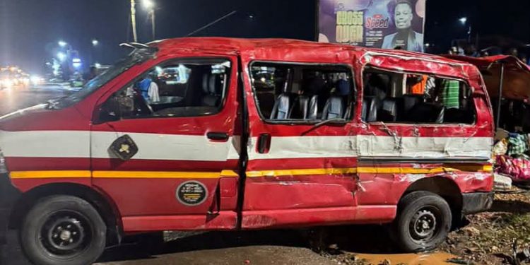 A damaged Toyota Hiace bus involved in the head-on collision at Bunso on the Accra-Kumasi Highway