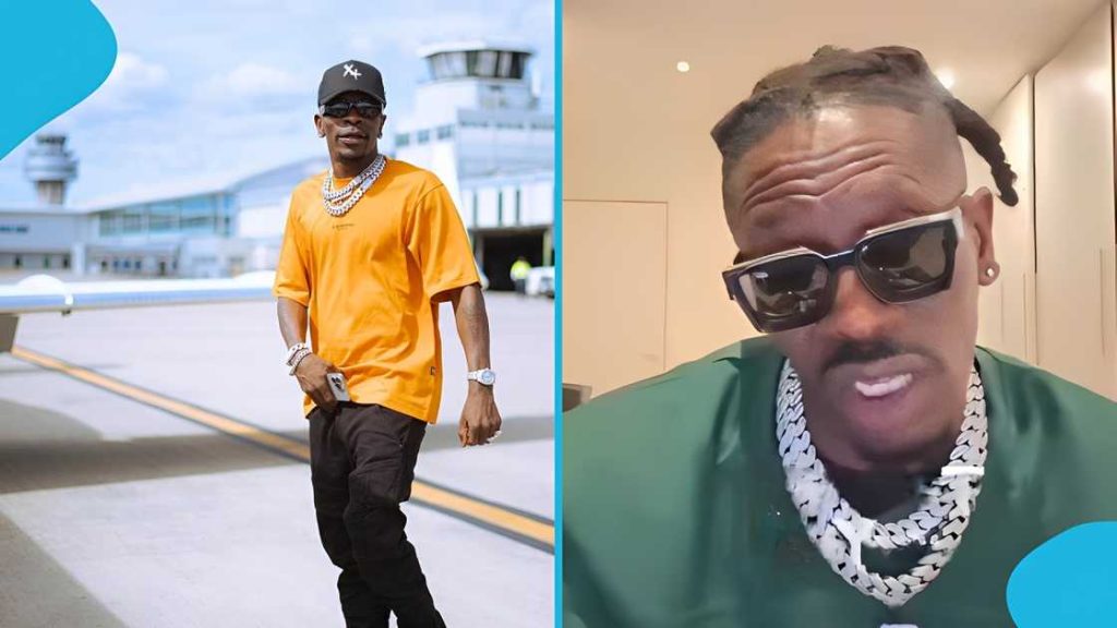 Shatta Wale performing on stage before a large crowd at a UK concert event