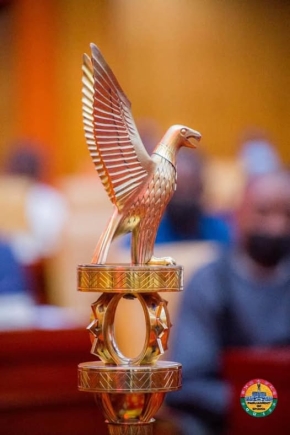 The ceremonial mace of Ghana's Parliament resting in the chamber at Parliament House, Accra